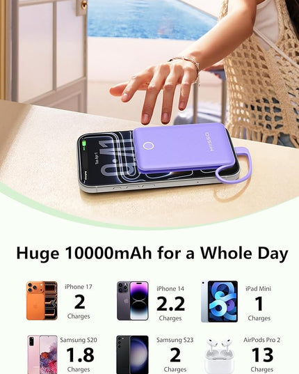 miisso 10000mAh Mini Portable Charger with Built in Cable, Pocket Size Power Bank Travel External Battery Pack for Phone, 3 Output USB Type C Cord Clutch Compatible with iPhone, Samsung, Purple