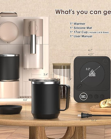 Coffee Mug Warmer & Mug Set for Desk, Smart Coffee Cup Warmer with 16oz Heated Mug, Coffee Heater with Auto Shut Off for Office/Home, Birthday/Valentine's Day/Coffee Gifts for Men & Women, Black