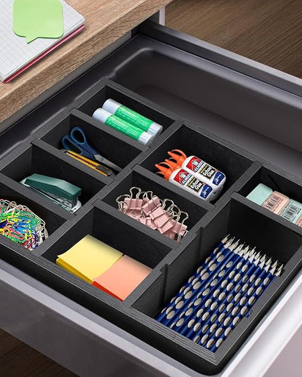 TEESSFROOD Desk Drawer Organizer Tray with 9 Adjustable Compartments, Wooden Office Desk Accessories Supplies Organization Storage for Desktop Bathroom Vanity Makeup Black