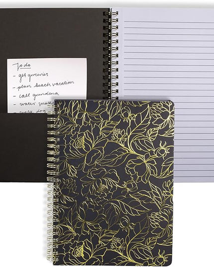 Steel Mill & Co Cute Black Mini Spiral Notebook, 8.25" x 6.25" Journal with Durable Hardcover and 160 Lined Pages, Linear Gold Floral