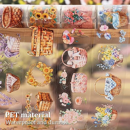 AuriicLeaf Flower Basket PET Tape Set, 6 Rolls Pre-Cut Vintage Floral Scrapbook Supplies for Journaling, DIY Crafts, and Planners,with Clip