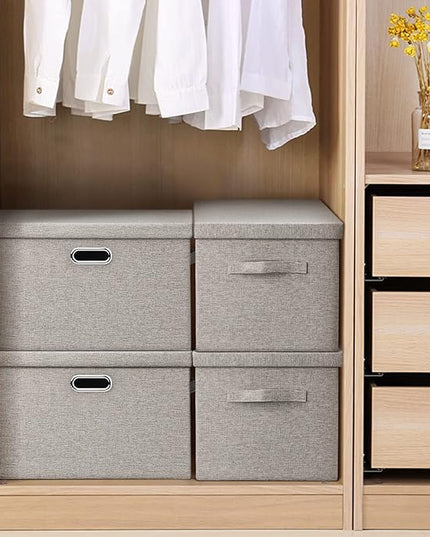 Large 17" 36 Quart Collapsible Stackable Storage Bins with Lids, 5 Packs Beige Linen Fabric Closet Boxes with Lids, Storage Cube Baskets Container Organizers for Bedroom Office(17 x12 x11)