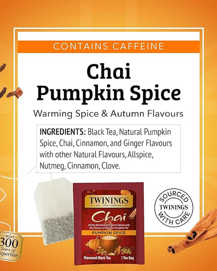 Twinings Pumpkin Spice Chai Black Tea Individually Wrapped Bags, 20 Count (Pack of 1), Warm, Spicy & Aromatic, Caffeinated, Enjoy Hot or Iced, 20 Teabags