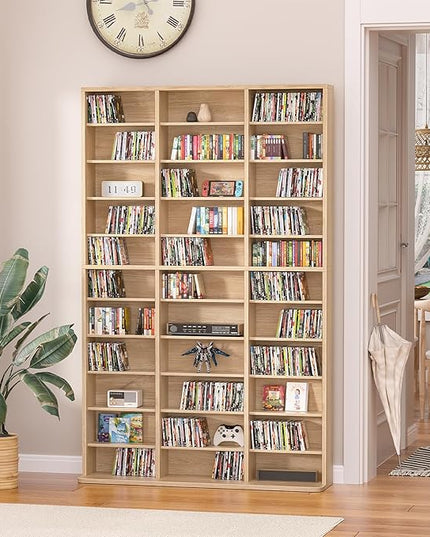 LELELINKY 11 Tier Tall Display Cabinet, Natural Media Storage Cabinet with Adjustable Shelves, Free Standing DVD Organizer Shelf, Multimedia Storage Manga Bookshelf for Living Room & Home Office.