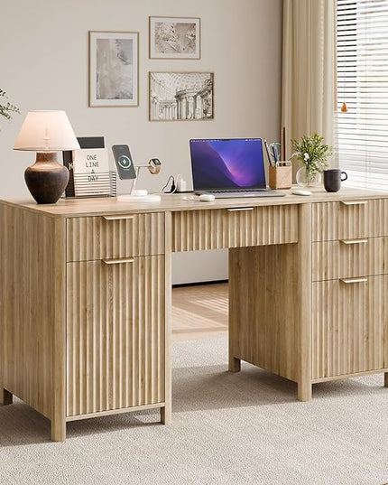 58" Fluted Home Office Desks with Storage, Modern Executive Desk Computer Desks with 5 Drawers & Cabinet, Wood Work Desk File Drawer for Office, Bedroom, Study, Living Room, Oak