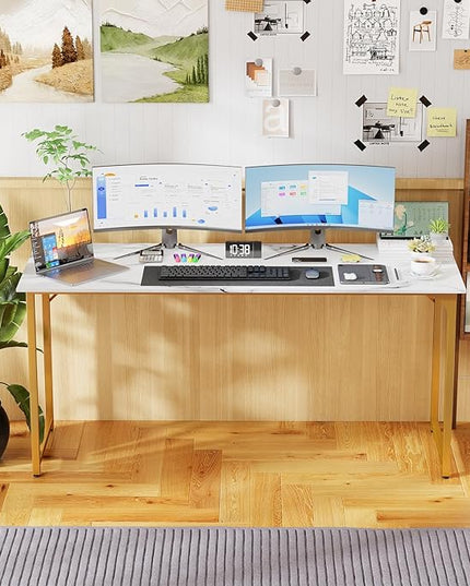 PayLessHere | 63 Inch Computer Desk | White Gold | Office Desk with Metal Frame, Adjustable Feet | Water-Resistant, Scratchproof Surface | Sturdy Writing Table for Home Office or Study | Pack of 1