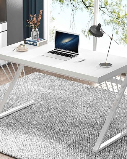 FOLUBAN White Desk, Modern Wood and Metal Computer Desk for Home Office, Simple Writing Work PC Desks for Bedroom, Industrial Study Gaming Table for Living Room, White, 47 Inch