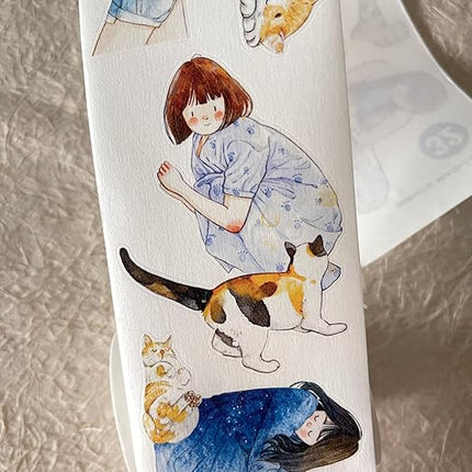 DingDing Vol9-32 My Pet Baby,Pre-Cut Washi Paper PET Tape Stickers,Original Design Vintage Girls&Cute Pets Playing,for Scrapbook Supplies,Scrapbook Tape, Journaling Stickers,Bullet Journals