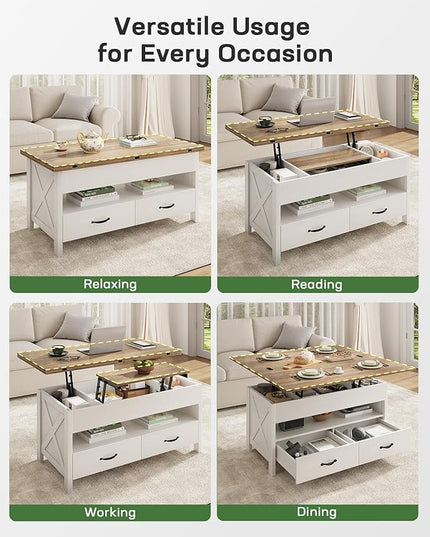 Marsail 40" Lift Top Coffee Table, 4 in 1 Coffee Table with Hidden Compartment, 1 Open Shelf and 2 Drawers, Multifunctional Farmhouse Center Table for Living Room and Home Office, Brown and White