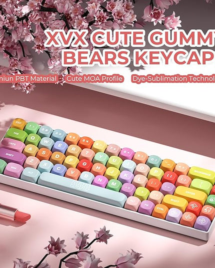 XVX Cute PBT Keycaps, Rainbow Gummy Bear Keycap Set MOA Profile, Dye-Sublimation Keyboard Keycaps Suitable for 60% 65% 75% 80% 96% 100% Layout Mechanical Keyboard with MX Switches