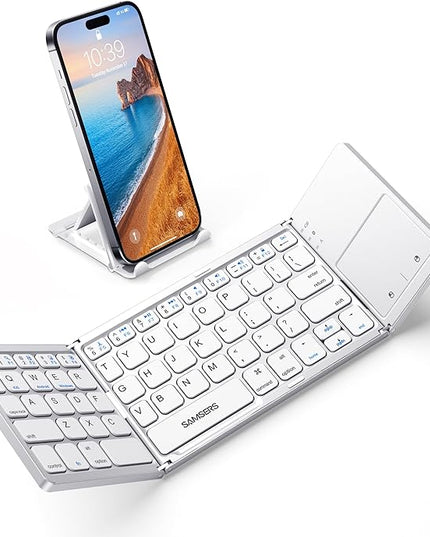 Samsers Foldable Bluetooth Keyboard with Touchpad - Portable Wireless Keyboard with Holder, Rechargeable Full Size Ultra Slim Pocket Folding Keyboards for Android Windows iOS Tablet & Laptop - Silver