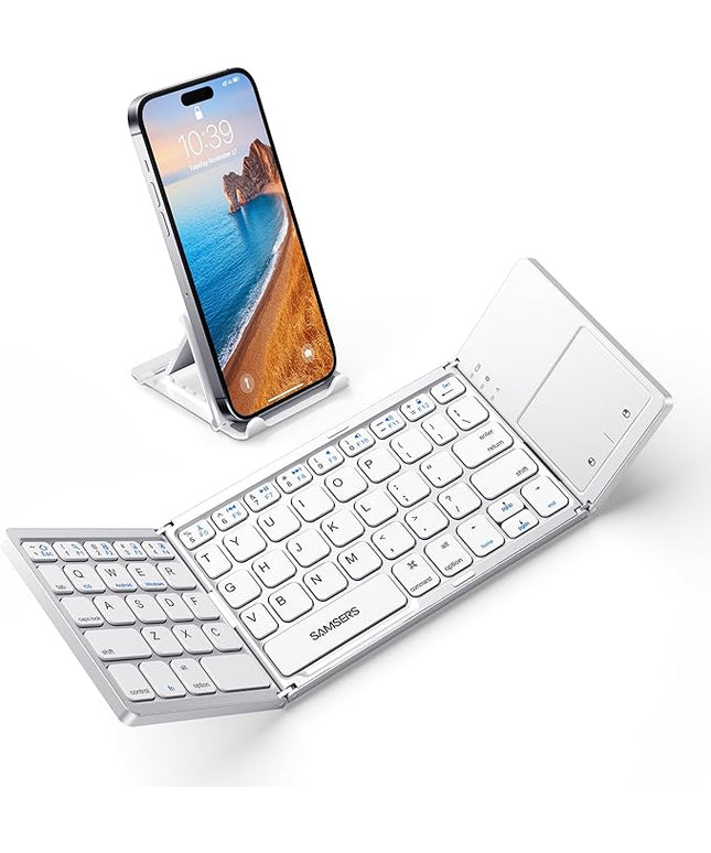Samsers Foldable Bluetooth Keyboard with Touchpad - Portable Wireless Keyboard with Holder, Rechargeable Full Size Ultra Slim Pocket Folding Keyboards for Android Windows iOS Tablet & Laptop - Silver