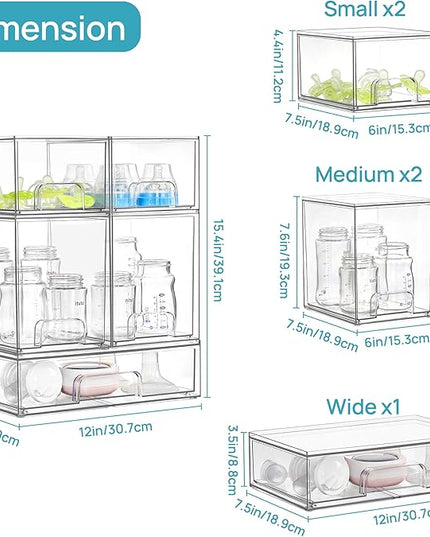 Vtopmart Stackable Storage Drawers Set of 5, Clear Plastic Organizer Bins for Baby Bottle, Beauty Supplies Storage, Ideal for Kichen Countertop, Vanity, Bathroom, Cabinet, Pantry Organization