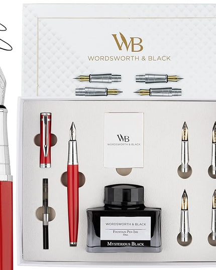 Wordsworth & Black Fountain Pen Gift Set, Includes Bottle, 6 Cartridges Refill Converter, 4 Replacement Nibs, Premium Package, Journaling, Calligraphy, Smooth Writing Pens [Red Chrome]