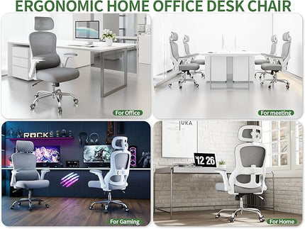 Ergonomic Office Chair - Computer Desk Chairs Comfy, Mesh High-Back Gaming Chair with Adjustable Lumbar Support, Executive Task Chair for Adults, Comfortable for Long Hours (White Grey)
