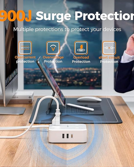 Surge Protector Power Strip, TESSAN 5 Ft Flat Plug Extension Cord with Multiple Outlets, 3 USB (1 USB C PD 20W), 8 Outlets, 900J Surge Protection, for Home, Office, Dorm Room Essentials, 1250W