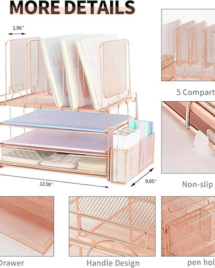 LEKETREE Desk Organizers and Accessories, 3-Tier Paper Organizer with 5 Vertical File Holders, File Organizer for Desk (Rose Gold With Drawer, 3T With Drawer)