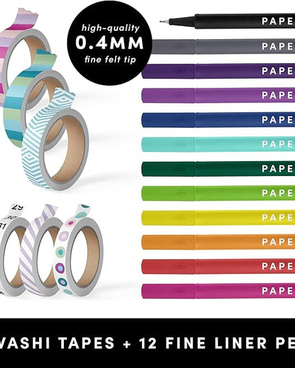 PAPERAGE Bullet Style Journal Kit, Dotted Journaling Set & Stationary Kit, Hardcover Dotted Journal Notebook (Sky Blue), 12 Fineliner Pens, 8 Sticker & 4 Stencil Sheets, 6 Washi Tapes