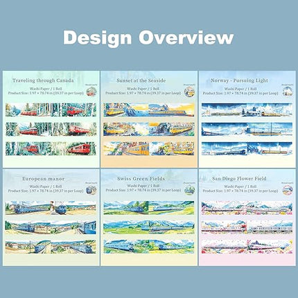 AuriicLeaf Train Scenery Washi Tape Set – 6 Rolls Travel & Nature Inspired with Clip for Scrapbook Journals DIY Crafts Decoration 1.97"x78.7" 39.37in per Loop
