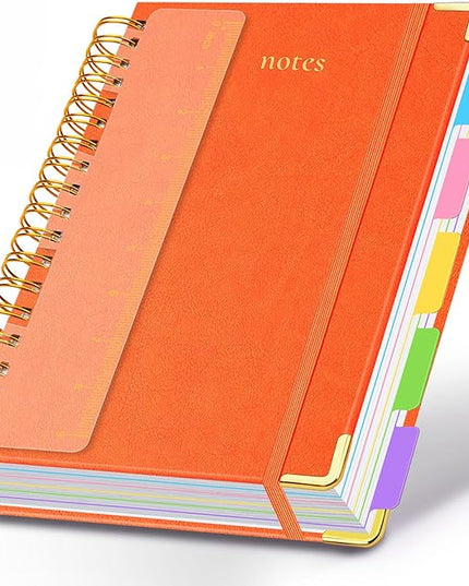 Hardcover Spiral Notebook 8"x10" Journal Notebook with Tabs and Removable Dividers 300 Pages 5 Subject Notebook College Ruled, Faux Leather Spiral Bound Notebook for Women School Work (Orange)