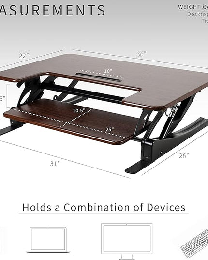 VIVO 36 inch Height Adjustable Stand Up Desk Converter, V Series, Quick Sit to Stand Tabletop Dual Monitor Riser Workstation, Dark Walnut Top, Black Frame, DESK-V000VD