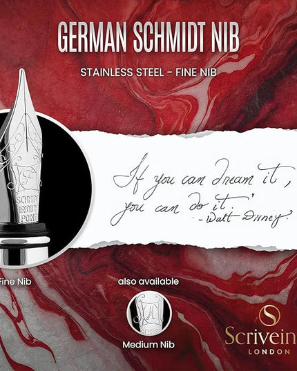 Scriveiner Deep Crimson Red Fountain Pen - Stunning Luxury Pen with Chrome Finish, Schmidt Nib (Fine), Best Pen Gift Set for Men & Women, Professional, Executive, Office, Nice Pens