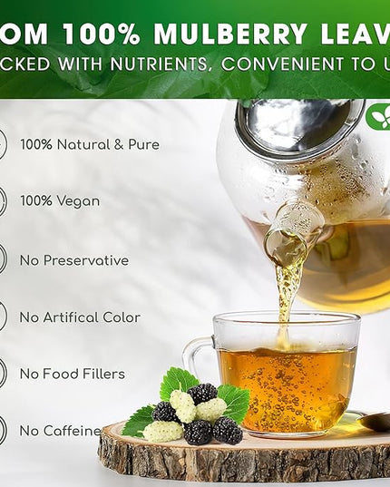 FreshDrinkUS, Premium 75 Mulberry Leaf Tea Bags, 100% Natural & Pure from Mulberry Leaves. Loose Leaf Herbal Tea. Made with Natural Material Tea Bags. No Sugar, No Caffeine, No Gluten, Vegan.