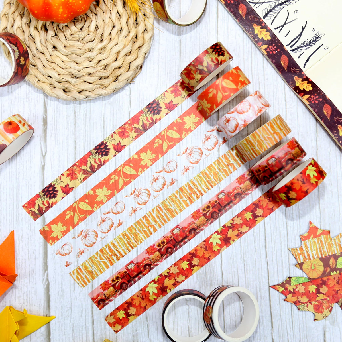 NIKOMIE Fall Washi Tape Set,12 Rolls Autumn Leaves Decorative Tape Pumpkin Maple Leaves Gnome Sunflower Thanksgiving Masking Tape for Journaling Supplies, Junk Journal, Scrapbooking, DIY Arts & Crafts