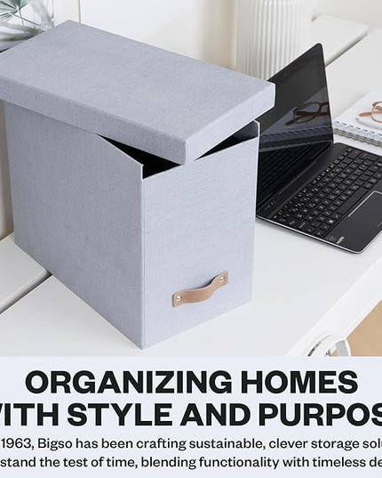 Bigso John File Box - File Storage Box and File Organizer for Important Paperwork - Durable Hanging File Box with Lid and Leather Handle - 7.36 in x 13.26 in x 10.51 in - Ash