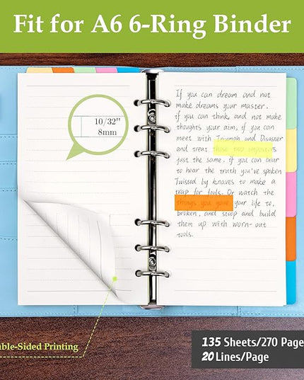 Antner A6 Refill Paper Planner Inserts for A6 6 Ring Notebook Binder, 135 Sheets Lined Filler Paper, 3 Binder Pockets & 10 Dividers & 160PCS Neon Sticky Tabs for Refillable Personal Planners Journals
