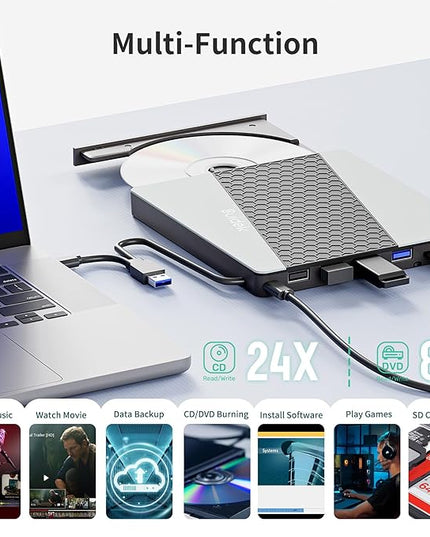External CD DVD Drive, USB 3.0 USB C Portable CD DVD +/-RW Burner DVD Player for Laptop with SD/Micro SD Card Reader 8 in 1 Hub Compatible with Laptop Mac PC Windows Linux