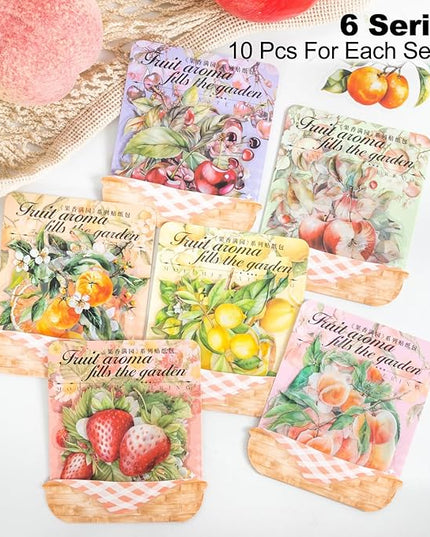 MiyouLuna 60 Pcs Large Garden-Inspired PET Stickers, Fruit-Themed for Scrapbooking, Journaling, DIY Crafts, with Organizer