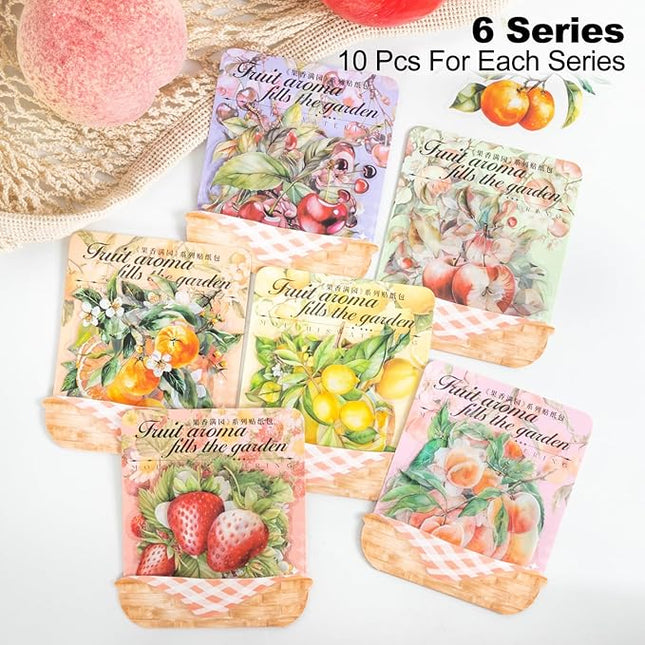 MiyouLuna 60 Pcs Large Garden-Inspired PET Stickers, Fruit-Themed for Scrapbooking, Journaling, DIY Crafts, with Organizer