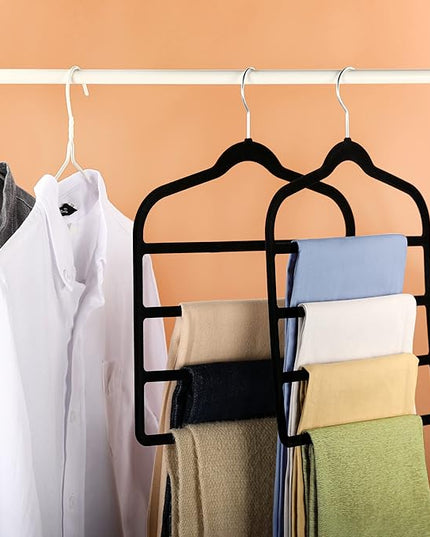 Velvet Pant Clothes Hanger Space Saving Non Slip Shorts Hanger, Myfolrena Jeans Slack Trousers Hangers Multiple Velvet Hanger Closet Organizer Storage and Organization for Jeans,Scarf,Tie(Black,3)