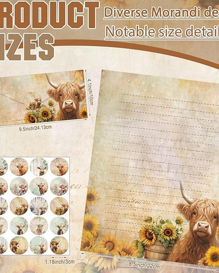 TaoBary 160 Pcs Stationery Paper Set 50 Double Sided Stationery Papers with 50 Matching Envelopes and 60 Round Dot Sticker, 10 Design(Floral Highland Cow,8.5 x 11 Inch)
