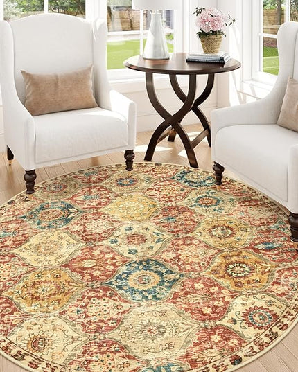 Lahome Moroccan Trellis Round Area Rugs, Washable Small Round Rug 3ft Non-Slip, Soft Vintage Ultra-Thin Circle Carpet for Bedroom Entryway Kitchen Laundry Bathroom, Red/Orange