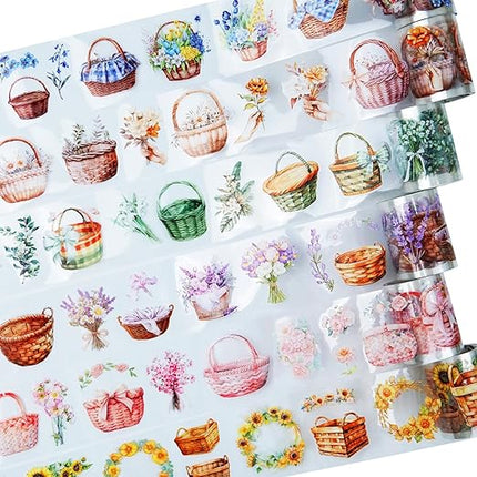 AuriicLeaf Flower Basket PET Tape Set, 6 Rolls Pre-Cut Vintage Floral Scrapbook Supplies for Journaling, DIY Crafts, and Planners,with Clip