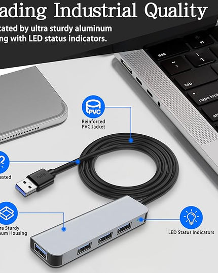 MEIRIYFA USB 3.0 Hub, 4 in 1 USB Hub Splitter Aluminium USB Extender Hub 1* USB3.0 Port (5Gbps)+ 3* USB2.0 Port (480Mbps) for Desktop, Laptop, Flash Drive, PC, Keyboards - 1M