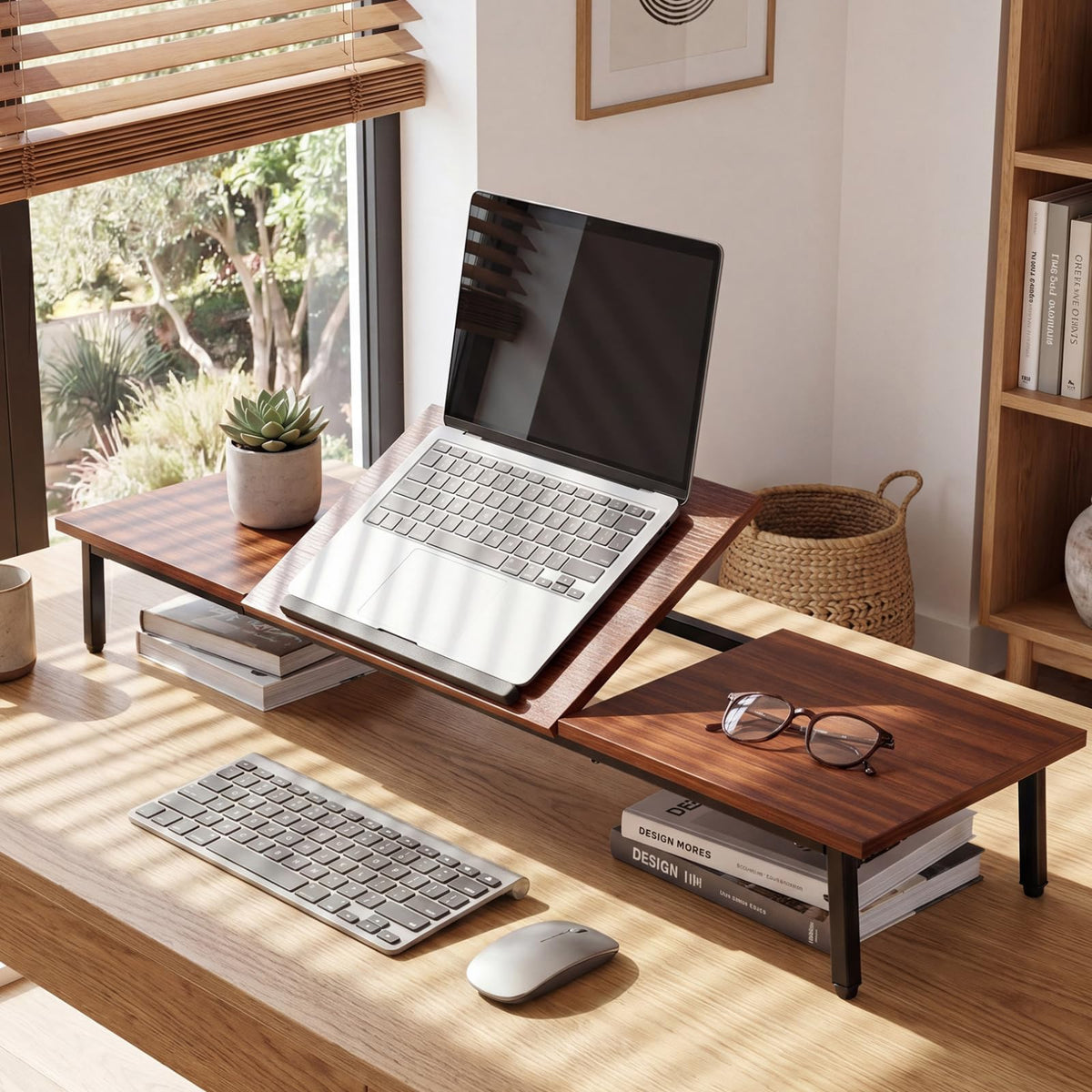 Dual Monitor Stand, 2-in-1 Adjustable Laptop Desk, Large Desktop Computer Monitor Riser For 2 Screens, Monitor Riser, Wood and Steel Multi-Purpose Desktop Storage Stand for Computer, Laptop, Screen, Printer, TV