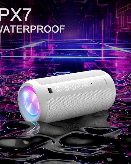 Ortizan Portable Bluetooth Speaker: IPX7 Waterproof, 24W Loud Sound, Deep Bass, Bluetooth 5.3, LED Lights, Wireless Stereo Pairing, 30H Playtime, for Home/Outdoor/Party/Beach, Birthday Gift (White)
