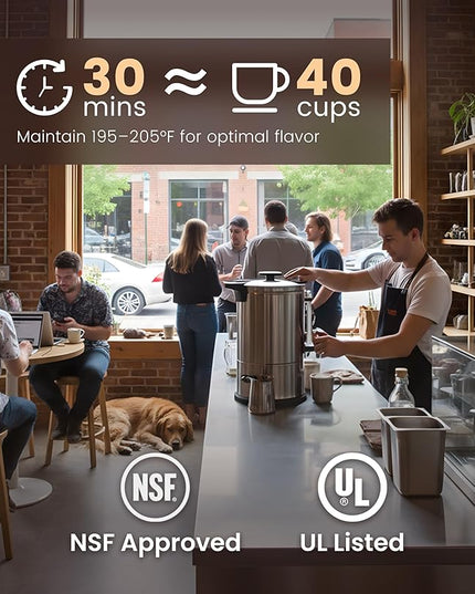 Commercial Coffee Maker 40-Cup Large Coffee Urn with Percolator Coffee Pot Electric 6L Stainless Steel Fast Brew Hot Water Dispenser for Tea Catering Events Home Office Easy Cleaning