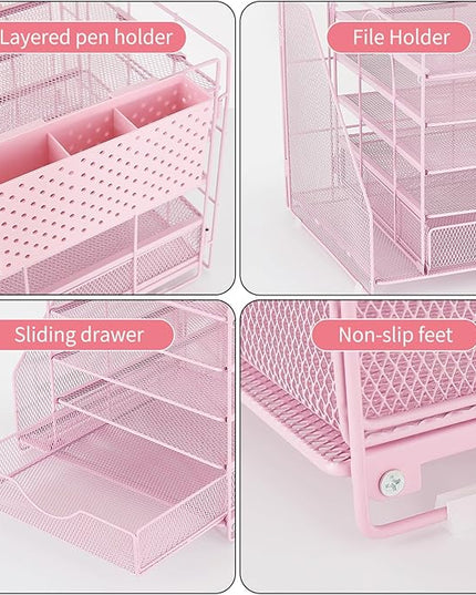 OUTIOE Desk Organizer with Drawer and Pen Holder, 5-Tier Paper Letter Tray Organizer with File Holder, Suitable for Workspace Organizer Office Supplies Storage (Pink)