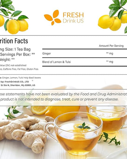 FreshDrinkUS, Premium 75 Tulsi Lemon Ginger Tea Bags, 100% Natural & Pure from Tulsi Holy Basil Leaves, Lemon and Ginger. Made with Natural Material Tea Bags. No Sugar, No Caffeine, Vegan.
