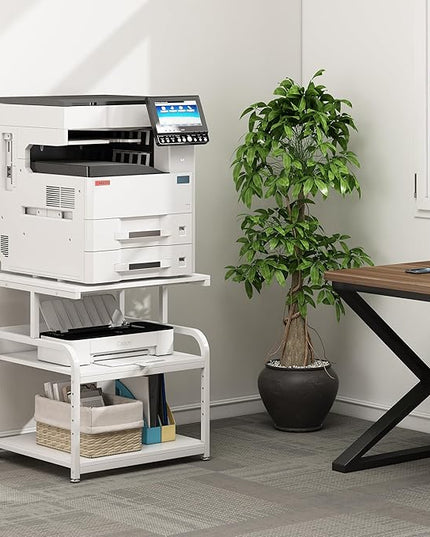 Printer Stand, 25.6" x 23.6" x 30.9" Extra Large Printer Table with Adjustable Storage Shelf, 3 Tier Rolling Printer Cart with Industrial Wheels for Home Office, White
