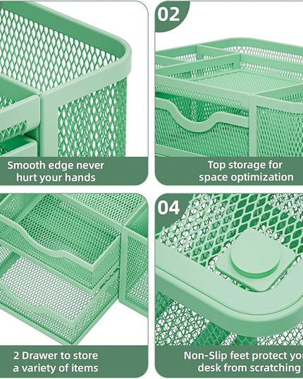 Marbrasse Mesh Desk Organizer, Pen Organizer with 2 Drawer, Multi-Functional Pencil Holder, Desk Organizers and Accessories with 5 Compartments + Drawer for Office Art Supplies (Green)