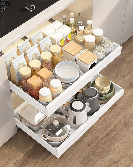 FILTA 2Pack Expandable Pull-Out Cabinet Organizer 21" Deep Slide Out Drawers, Upgrade 3 Slide Rails, Adjustable Width 12.4”-20.4”, With Screws and Nano Film Adhesive, White