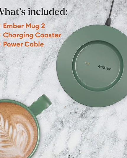 Ember Temperature Control 14oz Smart Mug 2, App-Controlled and Rechargeable Heated Coffee Cup Warmer with Intelligent LED Display, Sage Green.