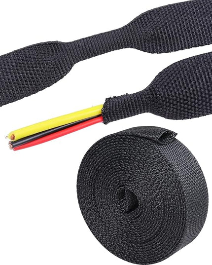 SUNNAREPOON 2:1 Ratio Automotive Heat Shrink Braided Sleeve, Cord Protector, Wear-Resistant Fabric Flat Woven Shrinkable Tubing Wires Hoses Protection (3/8"-15ft)