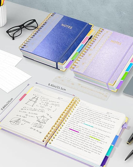 Hardcover Spiral Notebook Journal, 8"x10" Large B5 Notebooks with Removable Dividers Tabs, 300 Pages Leather 5 Subject Notebook College Ruled, Journal for Work School Note, 100 GSM Thick Paper,Purple.