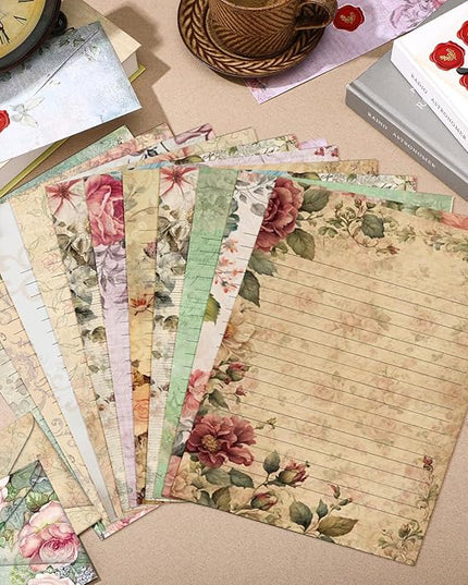 TaoBary 160 Pcs Stationery Paper Set 50 Double Sided Stationery Papers with 50 Matching Envelopes and 60 Round Dot Sticker, 10 Design(Vintage Floral,8.5 x 11 Inch)